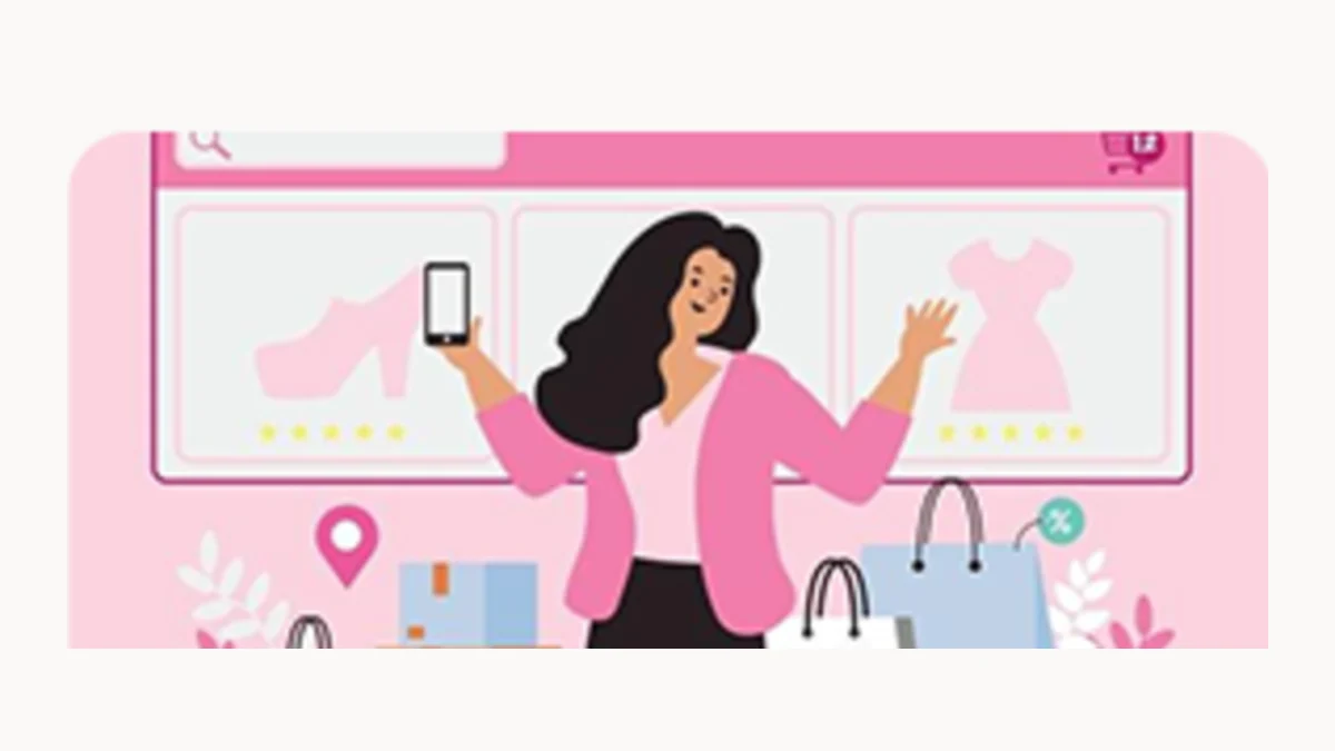 Illustration of a woman in front of an online storefront with shopping bags and product cards